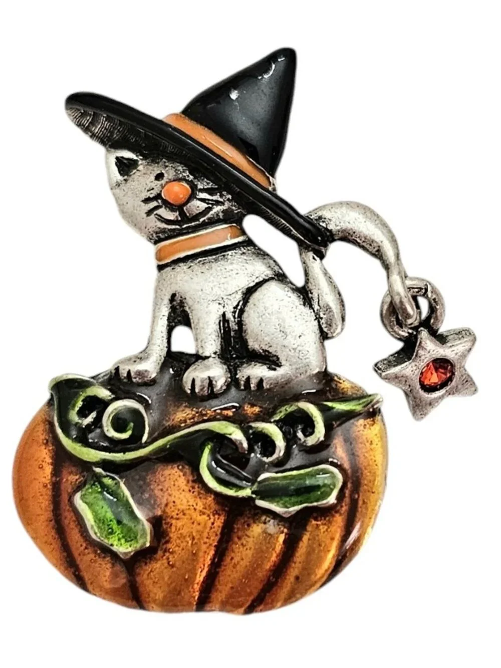 AJMC Witch Cat On Pumpkin Enamel Brooch, Star Dangle Charm Pin, Signed L444